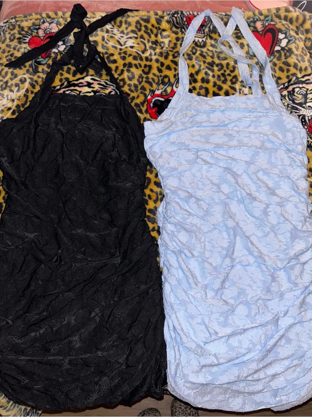 Black & Light Blue Lace-Effect Bodycon Dress Duo - Sleeveless Halter Styles